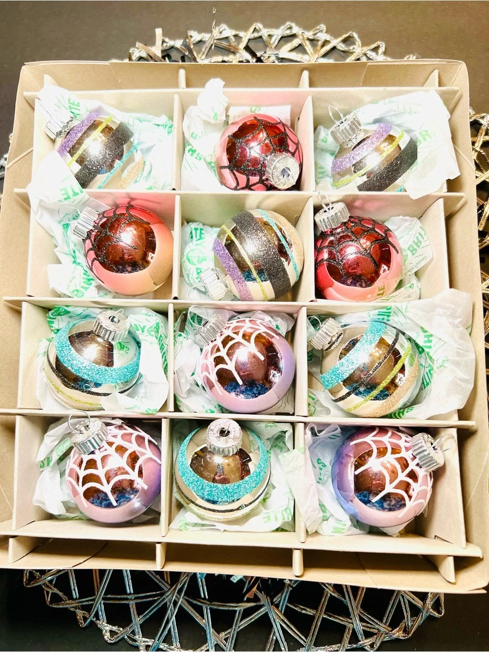 12 Radko Halloween Glass Ball Ornaments Glitter Stripes Pastel Pink Lilac Blue
